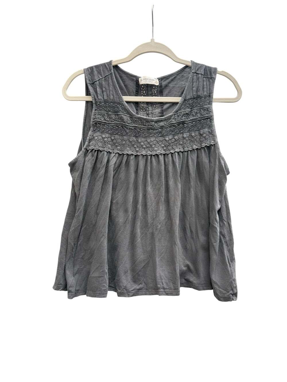 Lucky Brand Charcoal Grey Eyelet Lace Trim Babydoll Tank Top